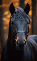 the dark colored horse is staring into the camera