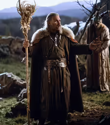 the man in a brown costume holds two tall stick