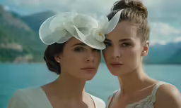 two women in formal dress stand next to each other, posing for the camera with a body of water and mountains in the background