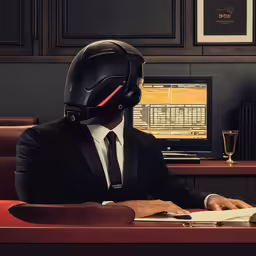a man in a suit and a helmet is sitting at his desk