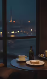 a plate with coffee and two pastries on it, near a window at night