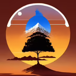 a mountain, trees, and sky silhouetted by an orange and blue sunset