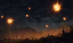 multiple fireworks are being lit on a night sky