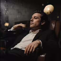 man in suit laying on brown leather chair with his hand to his chin