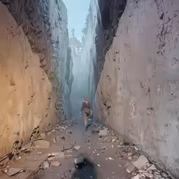 the man walks through a narrow alley in the mountains