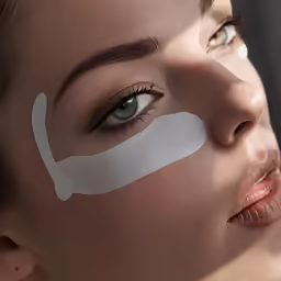 a close up of the face and part of a woman with cream applied to her eyes
