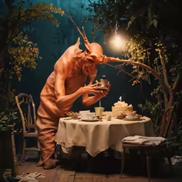 a man eating cake at a dinner table with a weird outfit