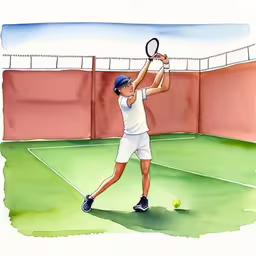 a woman swinging a tennis racket on top of a tennis court,an illustration of a tennis player on a tennis court swinging at a ball with his racket,drawing of boy on tennis court swinging at ball with racket,there is a drawing of a young man that has a tennis racket,the young tennis player is getting ready to return the ball