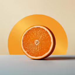 the orange is cut in half on a white surface