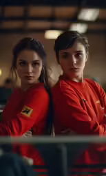 two girls in red sweatshirts standing together