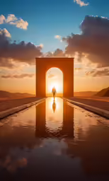 a person standing in front of a large archway in the desert