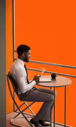 a man sitting at a desk in front of an orange wall