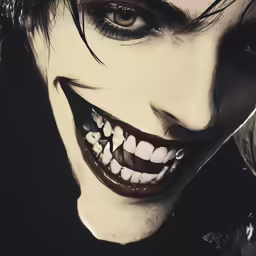 a guy with dark hair and teeth with vampire makeup