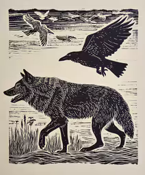 a bird and an animal are in black and white,a bird and wolf standing in the water