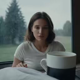 a woman sitting at a window sill near a cup
