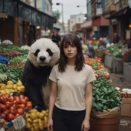a woman standing with a giant panda near a produce stand