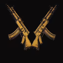 two weapons with two in the middle are featured on a black background