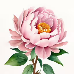 an oil painting of a pink peony flower,a pink flower on a white background with green leaves