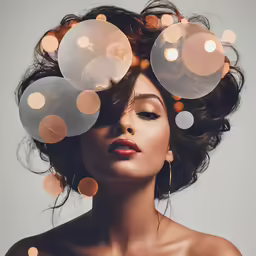 a woman with a bunch of circles covering her head