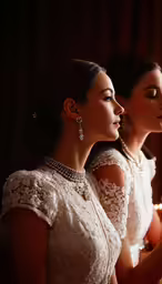 two women in wedding dresses are looking at a cake
