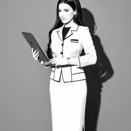 a woman wearing a skirt suit holding a folder