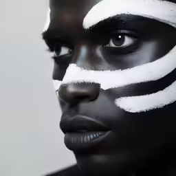 a black man with white paint on his face has white strips on his nose