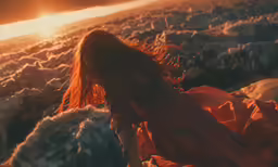 a woman stands amongst sea foam as the sun sets