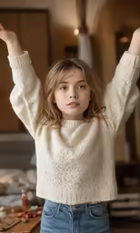 a young girl in jeans raises her arms with both hands