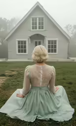 woman in dress sitting on grass with house in back