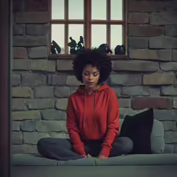 a woman in a red sweater sitting on top of a gray couch