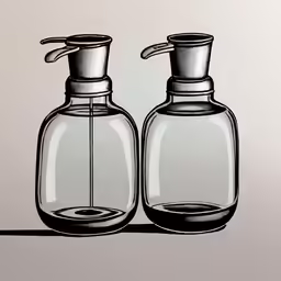 a couple of glass bottles that are in front of a gray wall