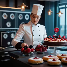 a pastry chef decorating a dessert table