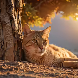 a cat resting in the shade next to a tree