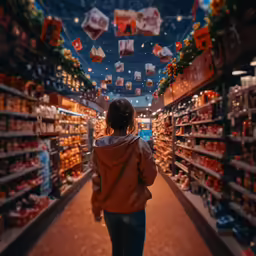 a woman is walking through an aisle in the store