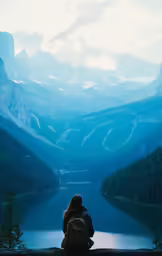a person looking out over a mountain lake with a view of mountains