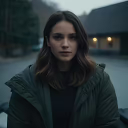 a woman in a black shirt and a green coat stands outdoors