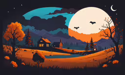 the painting is an orange sky with bats,a landscape with a pumpkin night in it
