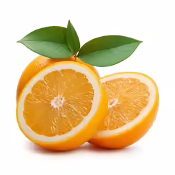 the oranges are cut into three pieces, with green leaves on top