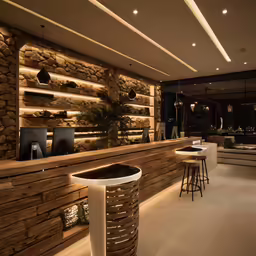 a wooden restaurant with many stools and a stone bar