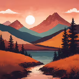 painting of a beautiful mountain landscape with a river passing through it,a painting of a mountain lake with the sun going down