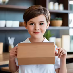 the girl is holding up a piece of brown cardboard