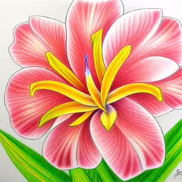 a drawing of pink flower in colored pencils,drawing a lily flower with colored pencils on white paper