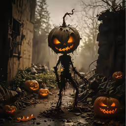 a halloween scene with a jack - o - lantern statue