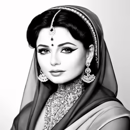 black and white photo of a bride wearing headpieces
