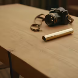 a desk with a pair of binoculars and a roll of brass