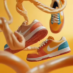 the shoes are hanging on the rope together