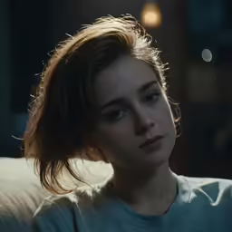 a woman in a gray shirt is sitting on the couch