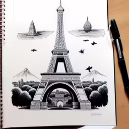 a drawing of the eiffel tower with birds flying in front,a drawing of the eiffel tower in paris