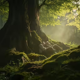 some grass rocks and trees with sunlight