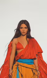 a woman wearing a colorful outfit walking down the runway